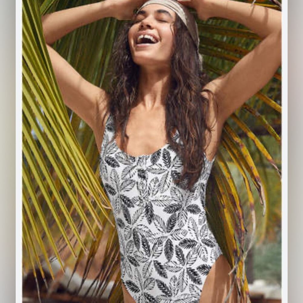 Aerie Womens Tropical Leaf Print Snap Front One Piece Swimsuit Black White M